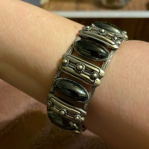 Vintage silver jet black gemstone boho bracelet